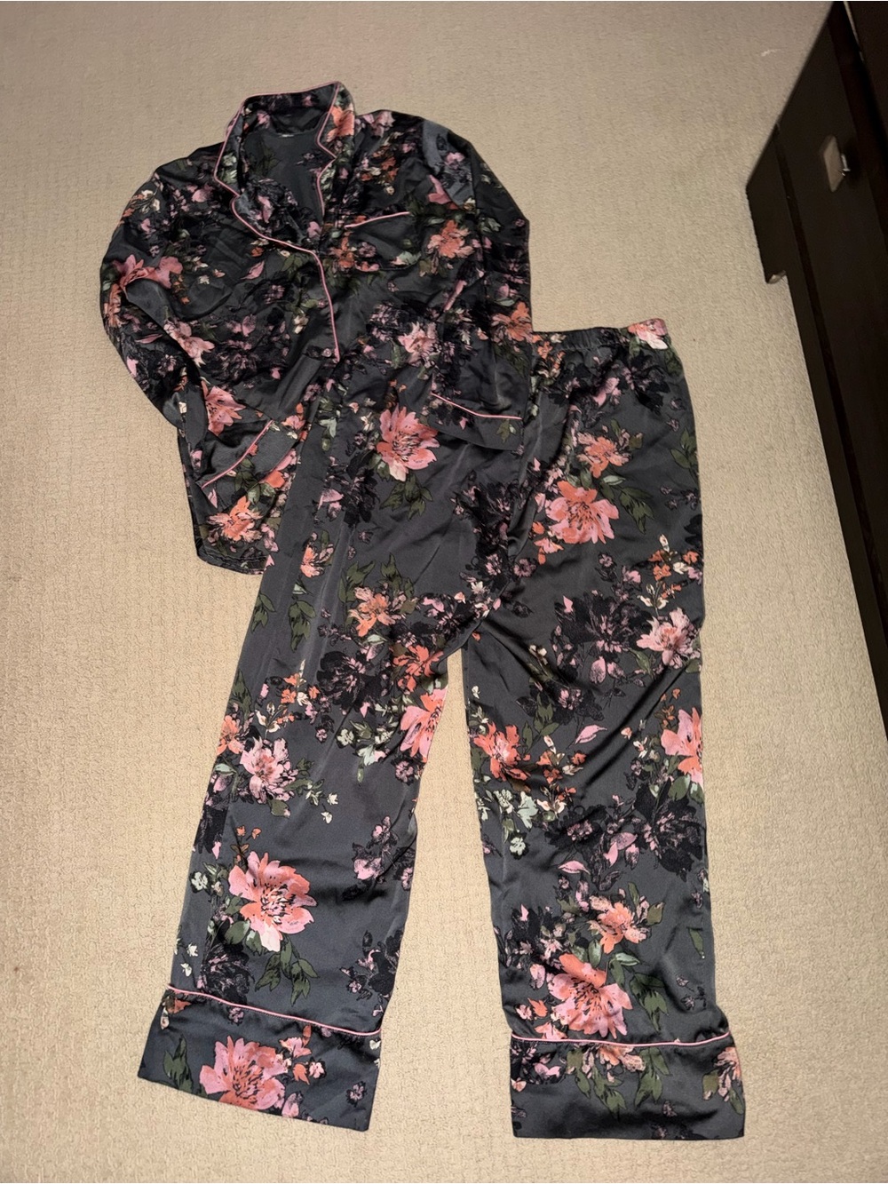 Floral Satin Pajama Set - Pink on Charcoal